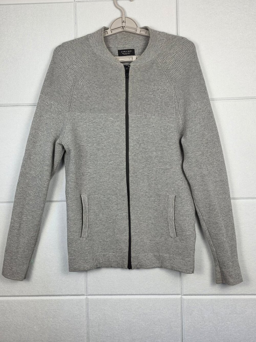 Zara Man Gray Knit Zip Front Sweater Jacket Size L